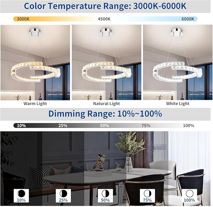 Depuley Modern LED Crystal Chandeliers: 23.6" Curved Ring Chandelier Hanging Crystal Ceiling Light Fixture - 42W Adjustable Height Pendant Light for Living Room Dining Room Bedroom Foyer