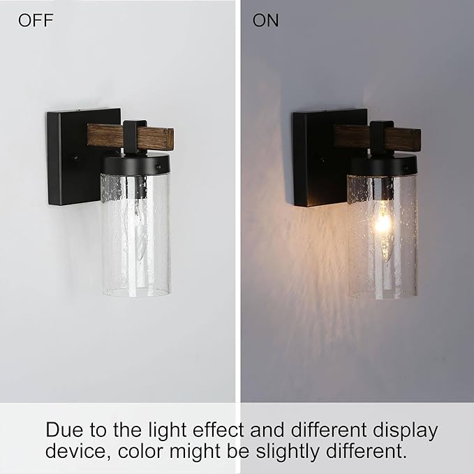 KSANA Black Wall Sconces, Farmhouse Faux Wood Wall Light Fixtures with Seeded Glass Shade for Bedroom, Bathroom, Living Room
