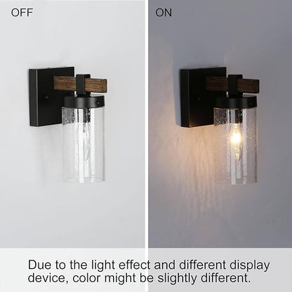 KSANA Black Wall Sconces, Farmhouse Faux Wood Wall Light Fixtures with Seeded Glass Shade for Bedroom, Bathroom, Living Room