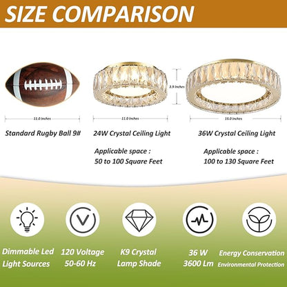 15 Inch Gold Modern Crystal Flush Mount Chandelier,Large Dimmable LED 5CCT 3000K-6000K 36W Round Close to Ceiling Lighting Fixtures for Dining Room,Kitchen,Living Room,Bedroom