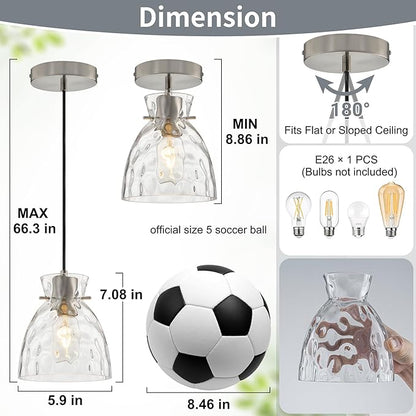 5.9“ Small Brushed Nickel Pendant Lights Kitchen Island, Hammered Glass Pendant Light Fixtures, Adjustable Mini Hanging Lights Kitchen Pendant Lighting over Island Sink Bathroom Dining Room Bedroom