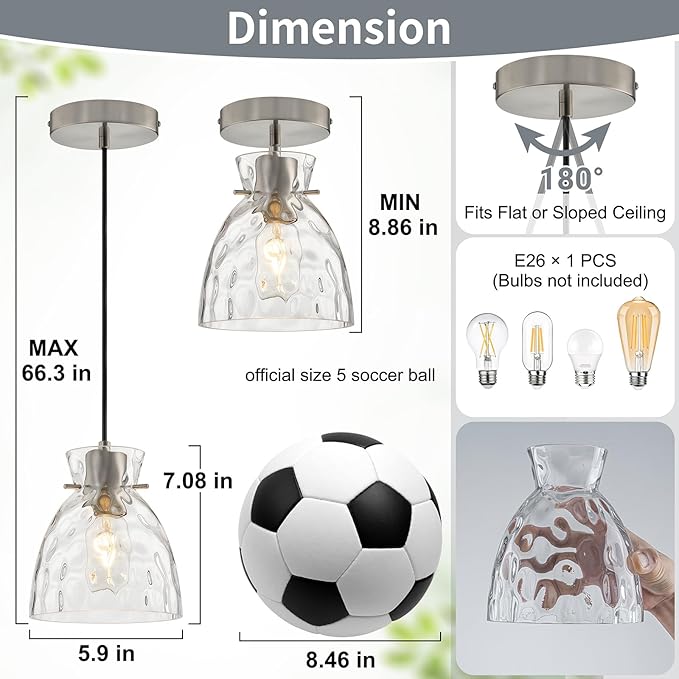 Brushed Nickel Pendant Lights Kitchen Island 2 Pack, 5.9“ Mini Hammered Glass Pendant Light Fixtures, Adjustable Modern Hanging Lights Kitchen Pendant Lighting over Island Sink Bathroom Dining Room