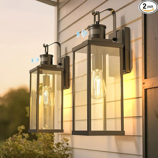 DORESshop Large Size Motion Sensor Outdoor Wall Lights, 18 Inch Matte Black Waterproof Anti-Rust Outdoor Light Fixtures Wall Mount with Clear Glass Shade for Porch, Garage, ETL Listed, 2 Pack