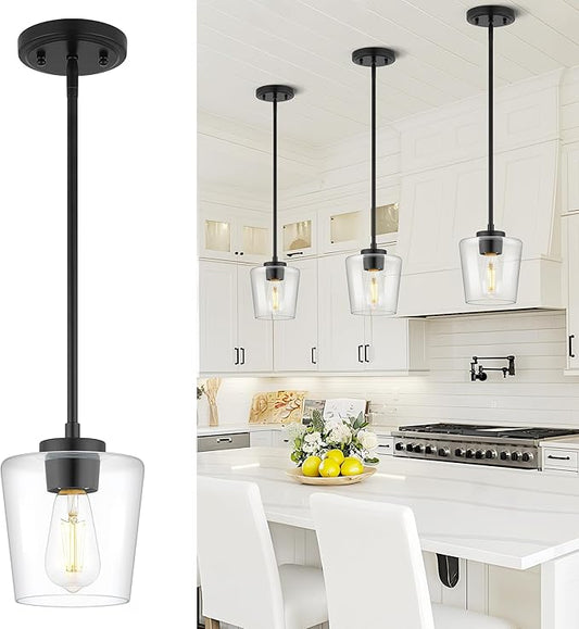 Black Pendant Lights Kitchen Island, 6" Hanging Lights Fixtures with Clear Glass Shade, Modern Kitchen Pendant Lighting Over Island for Dining Room, AD-22004-1P-BK-C