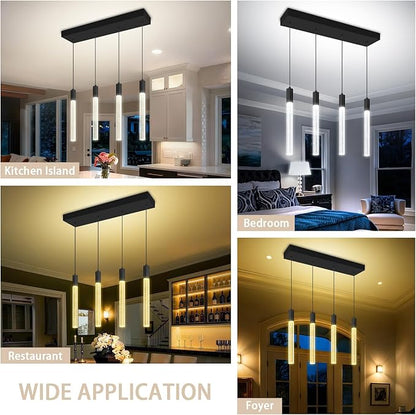 Bubble Crystal Column Chandelier, 4-Light Rectangular Black Crystal Chandelier, Dimmable Adjustable Height Luxury Pendant Light for Kitchen Island, Dining Room, Living Room
