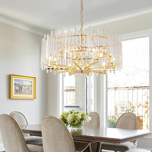 Gold Crystal Chandeliers for Dining Room, 27.6" Modern Round Chandelier Large Adjustable Height Ceiling Hanging Pendant Light Fixture for Dining Living Room Bedroom
