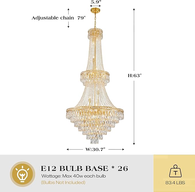 26 Lights Gold Luxury Crystal Chandeliers Large Modern Chandelier for High Ceilings Crystal Pendant Light Fixture Foyer Staircase Hallway Entryway Banquet Hall Lobby 63" H x 30.7" D
