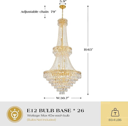 26 Lights Gold Luxury Crystal Chandeliers Large Modern Chandelier for High Ceilings Crystal Pendant Light Fixture Foyer Staircase Hallway Entryway Banquet Hall Lobby 63" H x 30.7" D