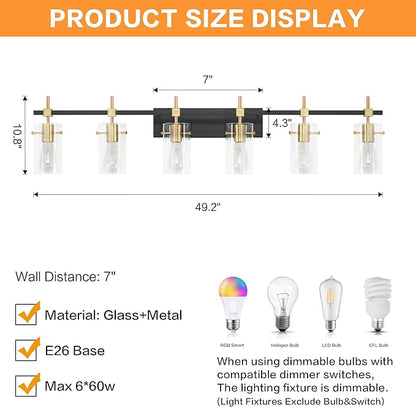 SOLFART 49.2 inch Vanity Light fixtures Vintage 6 Lights Wall Light Fixtures Above Mirror for Bathroom Brass and Black with Clear Glass Shade (Exclude Bulb)