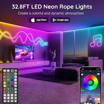 LETIANPAI Neon Rope Lights,Flexible Led Rope Lights Control with App/Remote,Multiple Modes Rope Lights,IP65 Outdoor RGB Led Neon Lights Waterproof,Music Sync Gaming Led Light Strip (32.8FT)