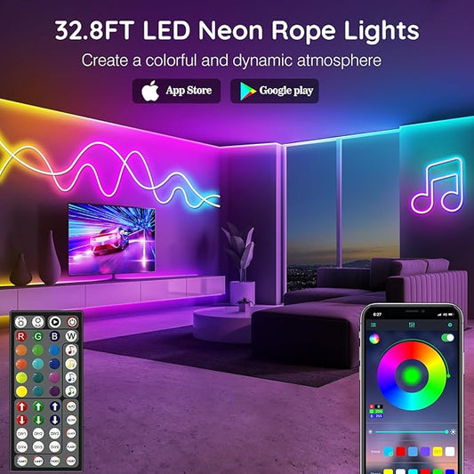LETIANPAI Neon Rope Lights,Flexible Led Rope Lights Control with App/Remote,Multiple Modes Rope Lights,IP65 Outdoor RGB Led Neon Lights Waterproof,Music Sync Gaming Led Light Strip (32.8FT)