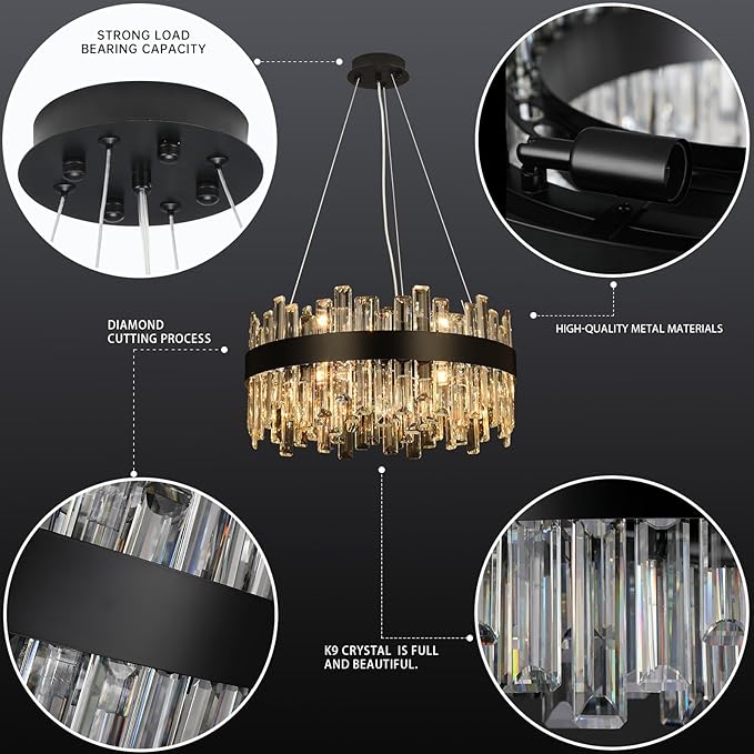 Crystal Chandeliers for Dining Room Lights Fixtures, 12 Lights Luxury Black Modern Chandeliers for Bedroom, 2-Tier Round Crystal Lighting Fixtures for Living Room Entryway Kitchen Island D20 Inch