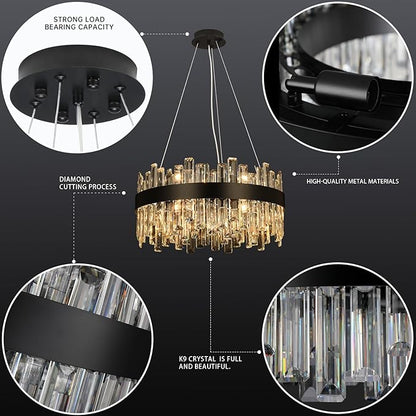 Crystal Chandeliers for Dining Room Lights Fixtures, 12 Lights Luxury Black Modern Chandeliers for Bedroom, 2-Tier Round Crystal Lighting Fixtures for Living Room Entryway Kitchen Island D20 Inch