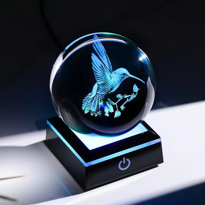 Arikyrist 3D Crystal Ball Hummingbird Figurine with LED Base, Hummingbird Gifts for Women Men on Christmas Birthday, Hummingbird Ornament Glass Decorative Ball for Home Decor (80mm)