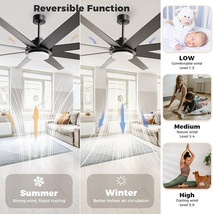 72 Inch Ceiling Fan with Light and Remote Smart App, 8-Blade Large Ceiling Fan for Living Room Patio, Quiet DC Motor Natural Breeze Circulation, Wobble-Free Heavy Duty, 3CCT Dimmable, Black Modern Fan