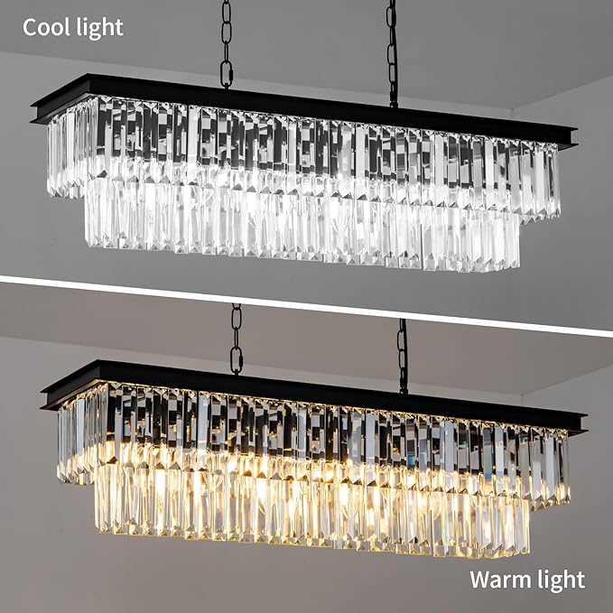 Black Crystal Chandelier for Dining Room Light Fixture Rectangle Modern Farmhouse Chandelier Contemporary Pendant for Kitchen Island Living Room Long Chandelier Rectangular Lighting