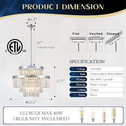 22" Modern Crystal Chandeliers 15 Lights Chrome Ceiling Pendant Light 4-Tier Luxury Round K9 Crystal Light Fixture for Living Room Dining Room Bedroom Kitchen Foyer