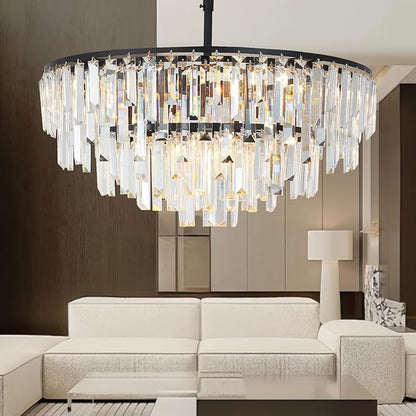 Black Crystal Chandelier for Dining Room, 24" Modern Round Top K9 Crystal Chandeliers 5-Tier 8 Lights Adjustable Ceiling Hanging Pendant Light Fixture for Living Room Bedroom Foyer