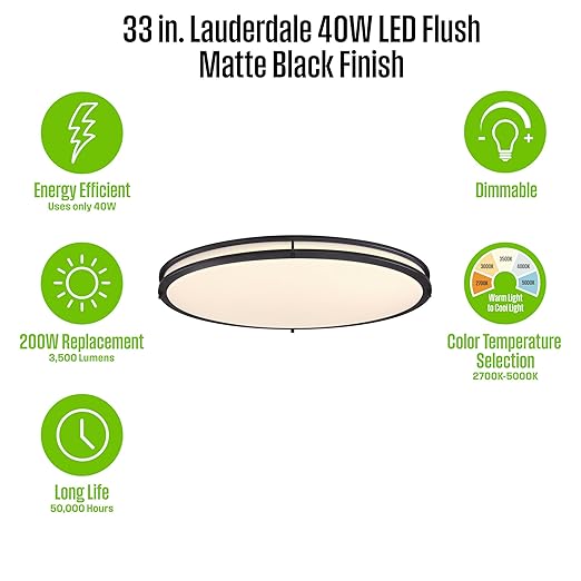 Westinghouse Lighting Lauderdale Transitional Contemporary One-Light, 33 Inch 40 Watt LED Indoor Flush Mount Fixture with Color Temperature Selection, Matte Black Finish, Frosted Acrylic Shade