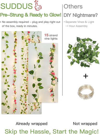 suddus 300 LED Artificial Flower Garland Pothos Vines Curtain Lights, Rose Vines Fairy Lights for Bedroom, Hanging String Lights for Wall, Room, Dorm, Wedding, Party, Indoor Decor 6.56ft x 6.56ft