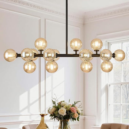 16-Light Globe Sputnik Chandelier, Linear Dining Room Light Fixture Over Table, Mid Century Modern Black Chandeliers for Dining Living Room, Kitchen Island Lighting (Amber Bubble, 40 Inch)