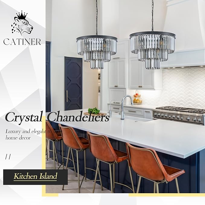 CATINER Modern Smoke Gray Crystal Chandeliers, Black 20” Round Chandelier 3 Tiers 7 Lights Luxury K9 Crystal Ceiling Pendant Light Fixture for Dining Room Foyer Bedroom Closet