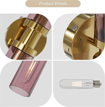 Rayogale Rechargeable Battery Wall Sconce Set of Two, 10000mAh Cordless, Dimmable, Touch Control for Living Room, Bedroom Gold with Wine Red Lampshade (Include 4 Special Bulbs)