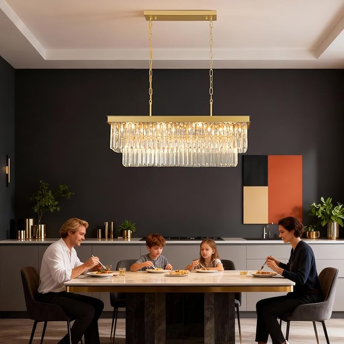 Weesalife Crystal Chandeliers for Dining Room Light Fixtures Over Table，11-Lights Gold Modern Rectangle Chandeliers for Kitchen Island Bar L33.5 Inch