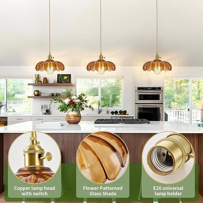 Plug in Pendant Light, Hanging Lights with Plug in Cord, Hanging Light Fixture with Amber Color Glass, E26 Pendant Lighting for Kitchen Island, Bedroom, Dining Room-Browm