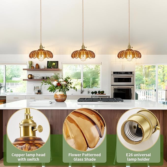 Glass Pendant Light Vintage Light Fixtures, Glass Pendant Lights Kitchen Island, Adjustable Hanging Light for Kitchen Island Dining Room Hallway (Dark Amber)