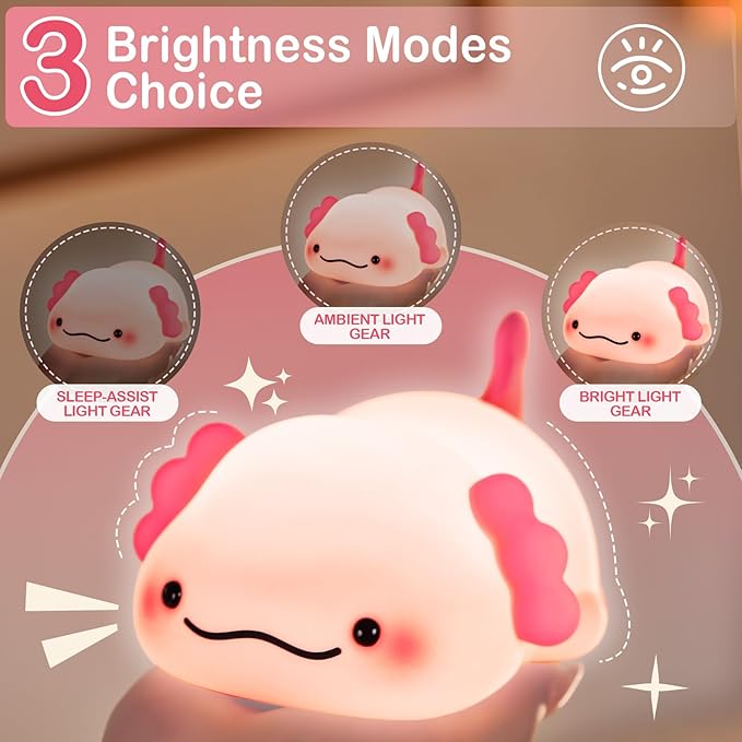 Axolotl Night Light for Kids, Rechargeable Cute Squishy lamp - Silicone Adorable Christmas Axolotl Gifts for Kids - Nightlight Nursery Animal Touch Light - Bedroom Decor for Boy, Girls