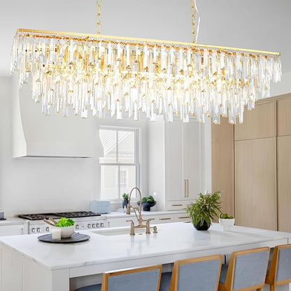 Linear Chandeliers for Dining Room, 12 Lights Rectangle Crystal Chandelier Modern Gold Pendant Light Fixture 40" for Dining Room Kitchen Table Living Room