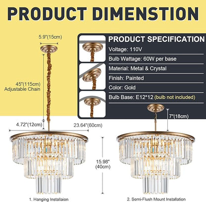 12-Light 23.64" Gold Modern Crystal Chandelier Crystal Pendant Chandeliers Light Fixture 3-Tier Hanging Lighting for Living Dinning Room Bedroom Foyer