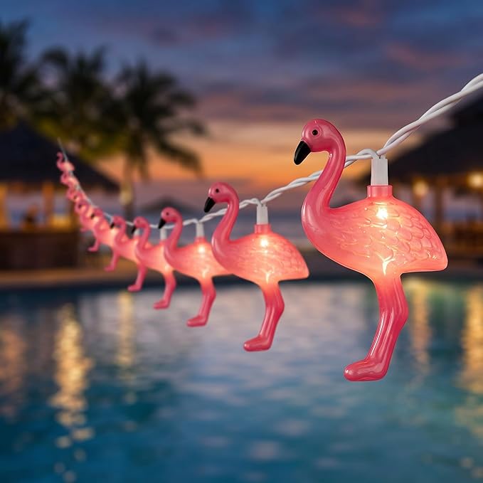 Summer Themed Pink Flamingo String Lights, 8.5Ft Tropical Beach Flamingo Decor Lights, Indoor/Outdoor Party Lights for Bedroom Birthday Wedding Holiday Hawaiian Tiki Tropical Party Décor