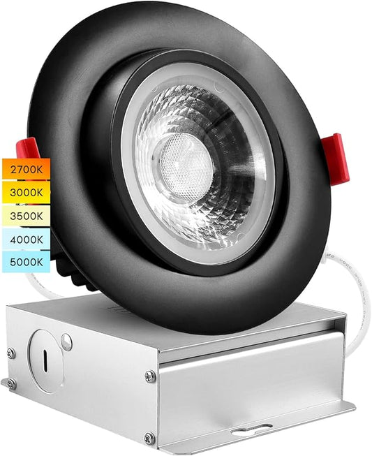 LUXRITE 4 Inch Gimbal LED Recessed Light with Junction Box, 11W=75W, 5CCT Color Selectable 2700K-5000K, Adjustable Swivel LED Eyeball Lights, 1000LM, Dimmable, Damp Rated, ETL Listed, Black