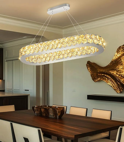 32'' Modern Oval Chandelier Crystal Chandeliers for Dining Room Round Ceiling Light Fixture for Living Room Lighting LED Dimmable with Remote Ring Lights Silver