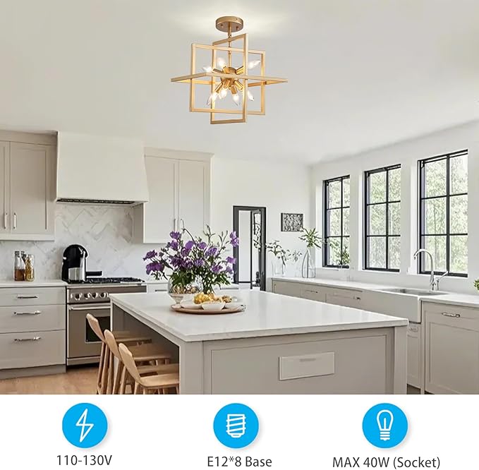 XINGQI 14.96" Gold Chandelier Geometric Pendant Lighting 8-Light Farmhouse Modern Ceiling Light Fixtures for Dining Room Living Room Kitchen Island Bedroom Hallway