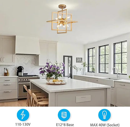 XINGQI 14.96" Gold Chandelier Geometric Pendant Lighting 8-Light Farmhouse Modern Ceiling Light Fixtures for Dining Room Living Room Kitchen Island Bedroom Hallway