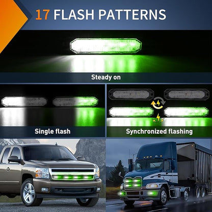 Nilight 4PCS 6LED Green White Emergency Strobe lights 12V 24V Surface Mount Flashing Warning Hazard Light Ultra Slim Sync Feature Grille for Cars Trucks Van Off Road Vehicles SUV