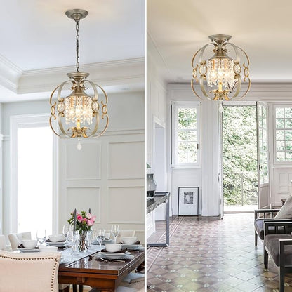 Antique Silver K9 Crystal Chandelier for Dining Room, 3-Light 14 Inch Rustic Flush Mount Ceiling Light Fixture,Vintage Bronze Hanging Pendant Lighting for Kitchen Island,Living Rooms, Foyer