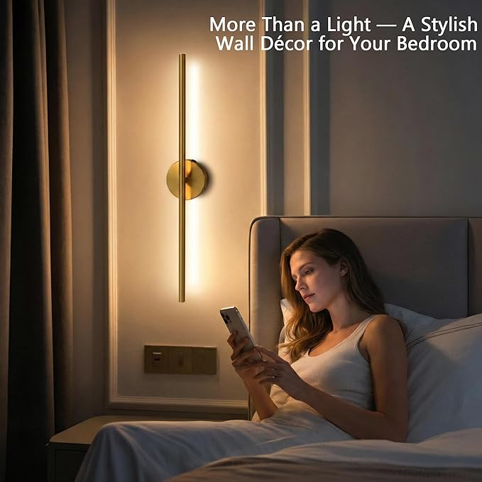 Rechargable Wall Sconce Set of Two, Modern Wireless Brass Wall Light Sconce with Remote, 28.35Inch Dimmable Indoor Home Wall Decor Lights for Bedroom, Living Room, Hallway (Bronze/Round)