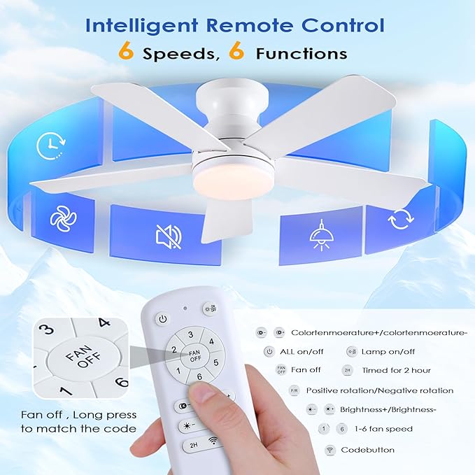 41 inch Ceiling Fans with Lights, White Flush Mount Ceiling Fan with Remote, 3CCT, LED Dimmable, Reversible, 6 Fan Speeds, Quite Low Profile Ceiling Fan with Lights Modern Bedroom Kitchen Indoor