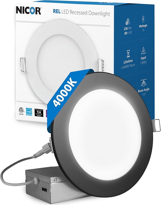 LED Downlight - Ultra-Thin 6 inch LED Recessed Light with Junction Box - 4000K, 902 Lumens, 11.8W, 120V, Dimmable LED Lights - REL6 Edge-Lit LED Ceiling Light, Black by NICOR Lighting