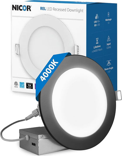 LED Downlight - Ultra-Thin 6 inch LED Recessed Light with Junction Box - 4000K, 902 Lumens, 11.8W, 120V, Dimmable LED Lights - REL6 Edge-Lit LED Ceiling Light, Black by NICOR Lighting