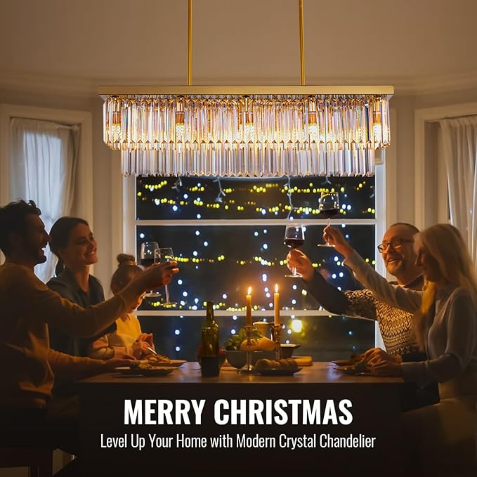 Siljoy Rectangular Gold Crystal Chandelier for Dining Room, 12-Light Modern Rectangle K9 Crystal Raindrop Chandelier Dimmable Ceiling Light for Living Room Kitchen Island, L47'' x W10'' x H10''