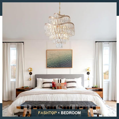 12 Lights 7-Tier K9 Crystal Gold Chandelier 20" Modern Pendant Chandelier Lighting Crystal Light Fixtures for Living Room Dining Room Bedroom Kitchen Foyer Entryway, E12