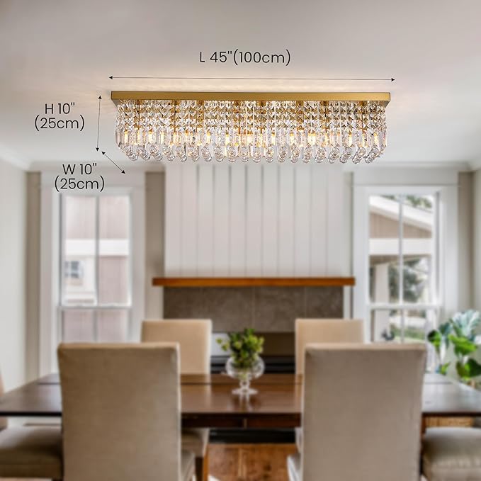 8-Light Gold Crystal Chandelier, Modern K9 Crystal Rectangle Chandelier for Dining Room Kitchen Island Hanging Pendant Light Fixture, L40 x W10 x H10