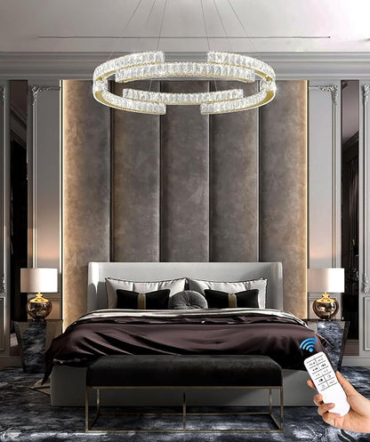 D24'' Modern Gold Crystal Ring Chandeliers for Living Room Dinning Room Crystal Pendant Light Dimmable 3000k-6000k