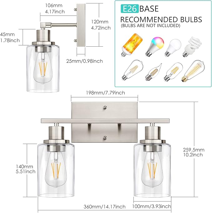 ShineTech 2-Light Bathroom Vanity Light Fixture, Brushed Nickel Bathroom Light Fixtures Over Mirror, Modern Wall Mounted Bathroom Lighting with Clear Glass Shade for Bathroom, Bedroom, Hallway