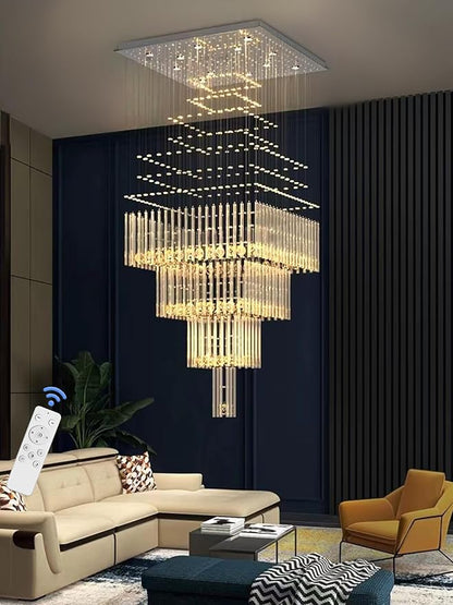 Flashing God D32''X H79'' Foyer Chandelier for High Ceilings,Square Crystal Raindrop Chandeliers,Large Chandelier for Entrance Foyer Villa,4 Tier Chandeliers